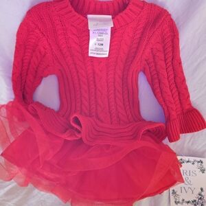 Iris & Ivy Baby Girl Vibrant Red Cable Knit Dress Structured Tulle Skirt 12 Mths